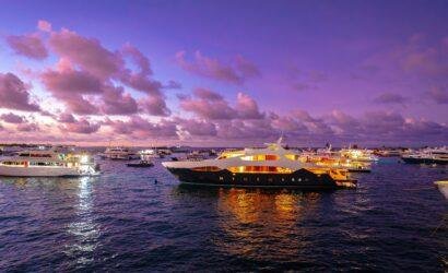 Sunset dolphin cruise in the Maldives with ocean horizon and glowing sky