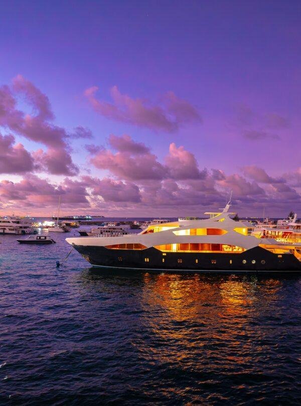 Sunset dolphin cruise in the Maldives with ocean horizon and glowing sky